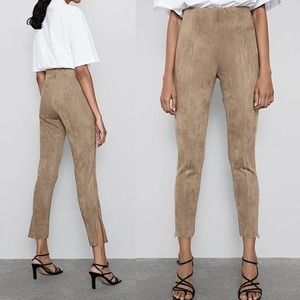 ZARA Vegan Suede Nude Tan High Waisted Ankle Zip Legging Pants L